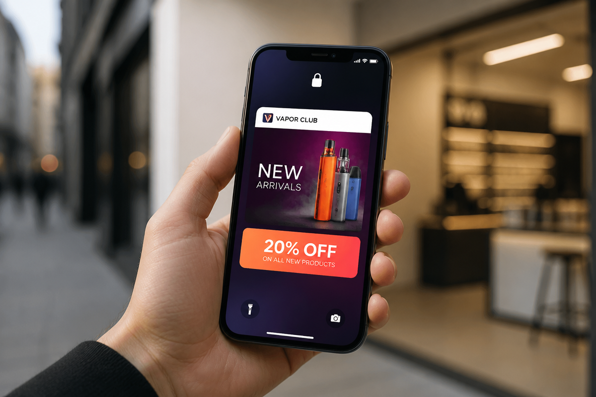 Hand holding a smartphone showing a Vapor Club wallet pass ad on the lock screen