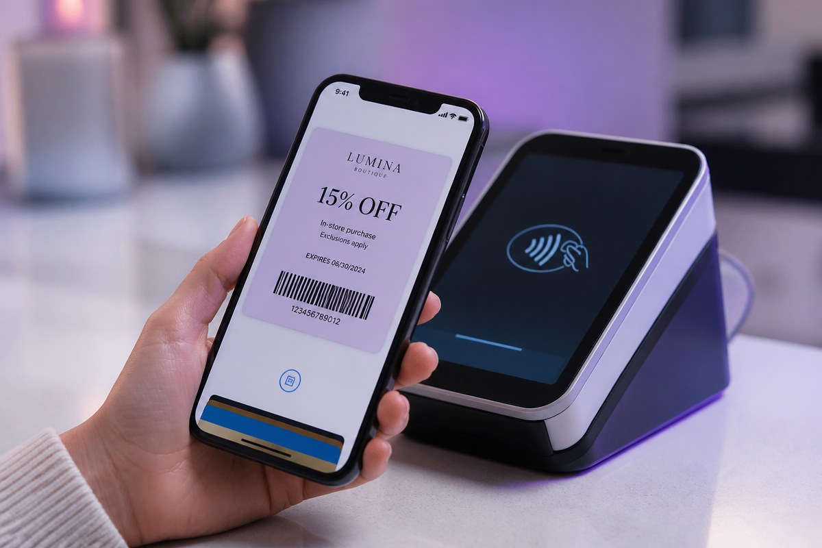 Customer scanning a digital coupon at a point-of-sale terminal